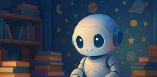 Futuristisk AI-robot med barnvänlig design sitter ensam i ett stämningsfullt barnrum med blå belysning, böcker och surfplatta – stjärnor och planeter syns på väggarna.