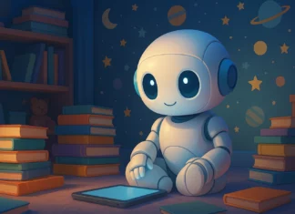 Futuristisk AI-robot med barnvänlig design sitter ensam i ett stämningsfullt barnrum med blå belysning, böcker och surfplatta – stjärnor och planeter syns på väggarna.