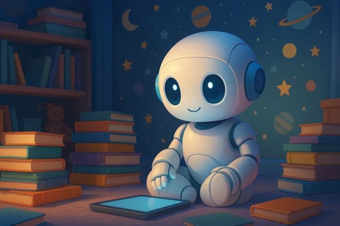 Futuristisk AI-robot med barnvänlig design sitter ensam i ett stämningsfullt barnrum med blå belysning, böcker och surfplatta – stjärnor och planeter syns på väggarna.