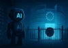 Futuristisk AI-modell med “AI”-symbolik står utanför en låst EU-byggnad i nattmiljö, omgiven av serverinfrastruktur och kallt blått sken – symboliserar Grok 4:s blockering i Europa.