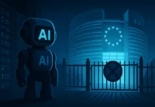 Futuristisk AI-modell med “AI”-symbolik står utanför en låst EU-byggnad i nattmiljö, omgiven av serverinfrastruktur och kallt blått sken – symboliserar Grok 4:s blockering i Europa.