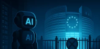 Futuristisk AI-modell med “AI”-symbolik står utanför en låst EU-byggnad i nattmiljö, omgiven av serverinfrastruktur och kallt blått sken – symboliserar Grok 4:s blockering i Europa.