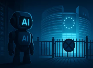 Futuristisk AI-modell med “AI”-symbolik står utanför en låst EU-byggnad i nattmiljö, omgiven av serverinfrastruktur och kallt blått sken – symboliserar Grok 4:s blockering i Europa.