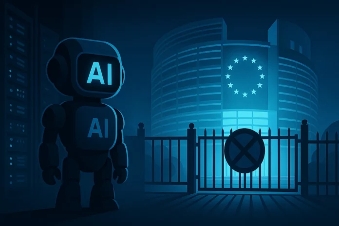 Futuristisk AI-modell med “AI”-symbolik står utanför en låst EU-byggnad i nattmiljö, omgiven av serverinfrastruktur och kallt blått sken – symboliserar Grok 4:s blockering i Europa.
