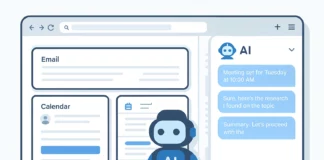 Futuristisk AI-webbläsare med integrerad assistent som sammanfattar mejl, hanterar möten och visar realtidsdata – symboliserar Comets intelligenta arbetsflöde.