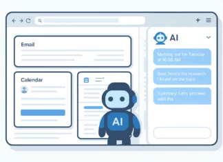 Futuristisk AI-webbläsare med integrerad assistent som sammanfattar mejl, hanterar möten och visar realtidsdata – symboliserar Comets intelligenta arbetsflöde.