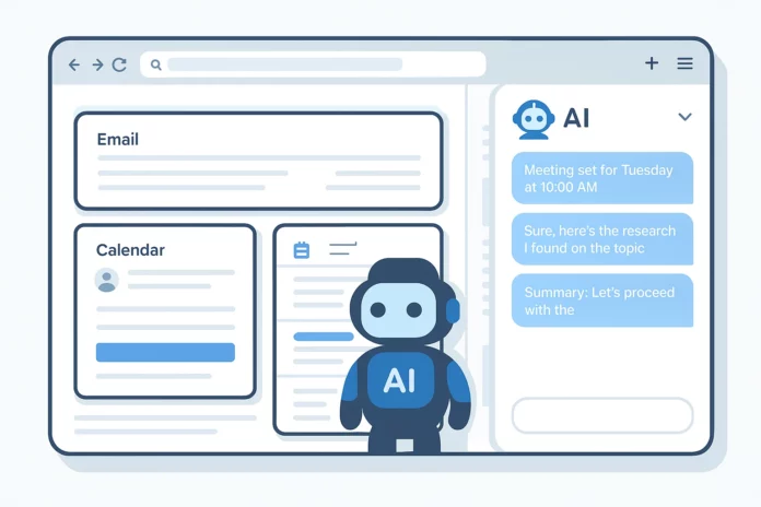 Futuristisk AI-webbläsare med integrerad assistent som sammanfattar mejl, hanterar möten och visar realtidsdata – symboliserar Comets intelligenta arbetsflöde.