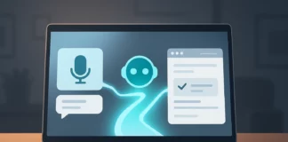 Illustration av laptop på skrivbord med AI-agent som kopplar samman röststyrning och webbläsare via digital väg. Färger: turkos, grått och vitt. Inga logotyper.