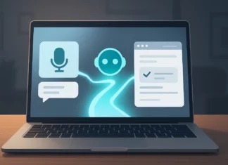Illustration av laptop på skrivbord med AI-agent som kopplar samman röststyrning och webbläsare via digital väg. Färger: turkos, grått och vitt. Inga logotyper.
