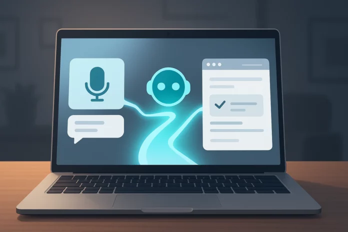 Illustration av laptop på skrivbord med AI-agent som kopplar samman röststyrning och webbläsare via digital väg. Färger: turkos, grått och vitt. Inga logotyper.