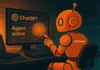 Orange Techies.se-robot använder ChatGPT-agent i ett futuristiskt kontrollrum med holografisk skärm