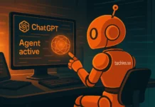 Orange Techies.se-robot använder ChatGPT-agent i ett futuristiskt kontrollrum med holografisk skärm
