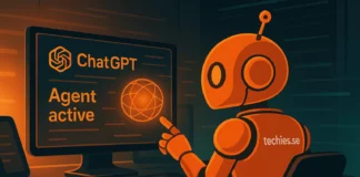 Orange Techies.se-robot använder ChatGPT-agent i ett futuristiskt kontrollrum med holografisk skärm