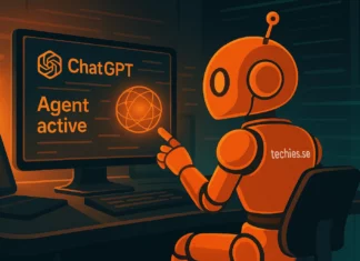 Orange Techies.se-robot använder ChatGPT-agent i ett futuristiskt kontrollrum med holografisk skärm