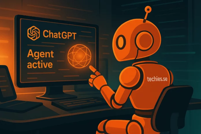 Orange Techies.se-robot använder ChatGPT-agent i ett futuristiskt kontrollrum med holografisk skärm