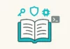 Illustration av en öppen cybersäkerhetsmanual med tekniska termer och symboler för skydd, moln och kod – i flat stil.