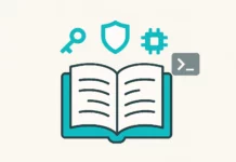Illustration av en öppen cybersäkerhetsmanual med tekniska termer och symboler för skydd, moln och kod – i flat stil.