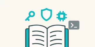 Illustration av en öppen cybersäkerhetsmanual med tekniska termer och symboler för skydd, moln och kod – i flat stil.