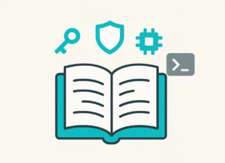 Illustration av en öppen cybersäkerhetsmanual med tekniska termer och symboler för skydd, moln och kod – i flat stil.
