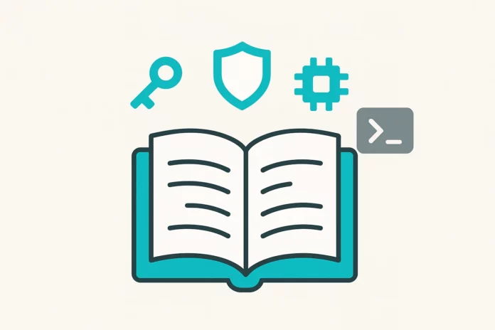 Illustration av en öppen cybersäkerhetsmanual med tekniska termer och symboler för skydd, moln och kod – i flat stil.
