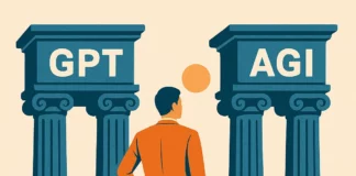 Illustration av en person mellan två pelare märkta GPT och AGI, symbol för teknikval och osäker framtid
