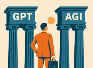 Illustration av en person mellan två pelare märkta GPT och AGI, symbol för teknikval och osäker framtid