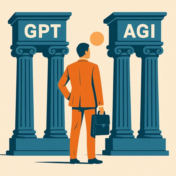 Illustration av en person mellan två pelare märkta GPT och AGI, symbol för teknikval och osäker framtid