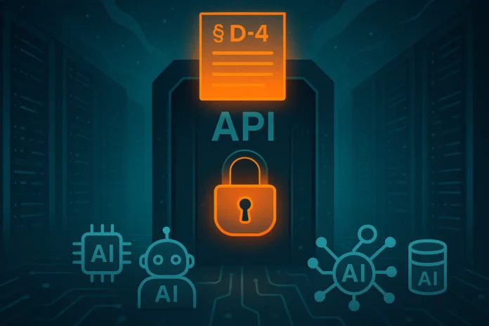 Illustration av en låst API-port som symboliserar begränsad åtkomst till AI-modeller som Claude och GPT, relevant för Techies.se:s artikel om D-4-klausulen och API-kontroll.