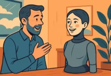 En digital illustration visar en man i samtal med en vänligt utseende robot med ansikte och ögonkontakt, i en vårdmiljö. Bilden representerar fysisk AI och social robotik i praktiken.