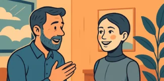 En digital illustration visar en man i samtal med en vänligt utseende robot med ansikte och ögonkontakt, i en vårdmiljö. Bilden representerar fysisk AI och social robotik i praktiken.