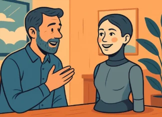 En digital illustration visar en man i samtal med en vänligt utseende robot med ansikte och ögonkontakt, i en vårdmiljö. Bilden representerar fysisk AI och social robotik i praktiken.