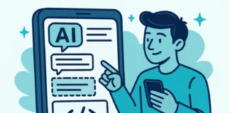 Person testar en AI-drivna plattform för appbygge på dator i modern miljö, illustrerad i platt stil.
