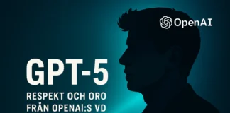 OpenAI:s vd Sam Altman illustration, GPT-5-logga och texten 'Respekt och oro från OpenAI:s vd' på futuristisk bakgrund