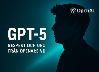 OpenAI:s vd Sam Altman illustration, GPT-5-logga och texten 'Respekt och oro från OpenAI:s vd' på futuristisk bakgrund