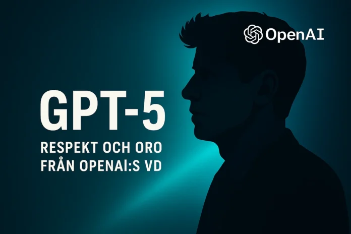 OpenAI:s vd Sam Altman illustration, GPT-5-logga och texten 'Respekt och oro från OpenAI:s vd' på futuristisk bakgrund