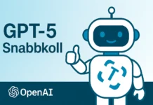 Infografik som jämför GPT-5 och GPT-4o med fokus på hastighet, verktygsanrop, citeringskvalitet och funktioner. En ChatGPT-liknande robot har Techies-loggan på magen.