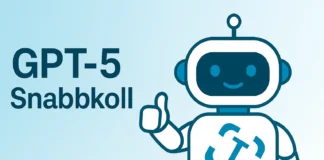 Infografik som jämför GPT-5 och GPT-4o med fokus på hastighet, verktygsanrop, citeringskvalitet och funktioner. En ChatGPT-liknande robot har Techies-loggan på magen.