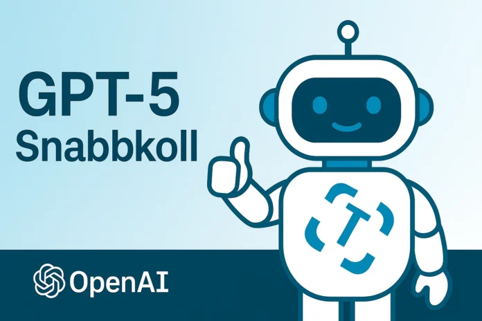 Infografik som jämför GPT-5 och GPT-4o med fokus på hastighet, verktygsanrop, citeringskvalitet och funktioner. En ChatGPT-liknande robot har Techies-loggan på magen.