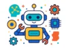 Illustration i flat-design av en robot med turkos och orange detaljer, omgiven av symboler för AI och teknik
