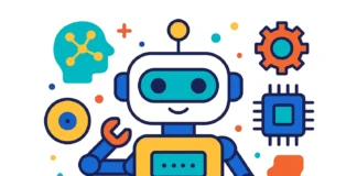 Illustration i flat-design av en robot med turkos och orange detaljer, omgiven av symboler för AI och teknik