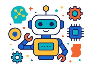 Illustration i flat-design av en robot med turkos och orange detaljer, omgiven av symboler för AI och teknik