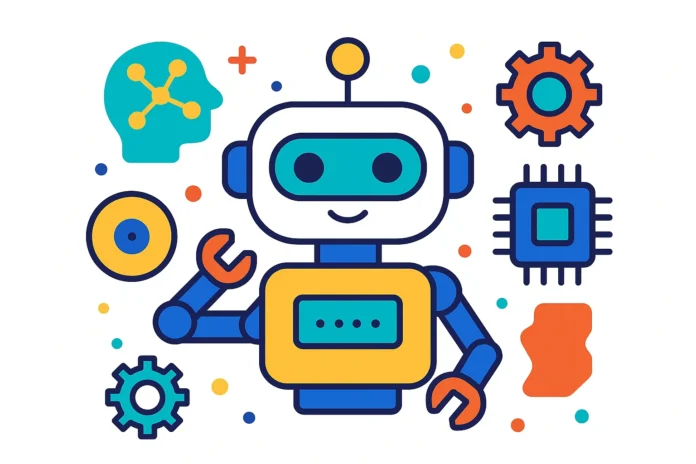 Illustration i flat-design av en robot med turkos och orange detaljer, omgiven av symboler för AI och teknik