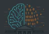 Illustration av en regeringsbyggnad i mörkgrått med ett turkost AI-hjärna ovanför, omgivet av binärkod i orange – symbol för politik och artificiell intelligens i samspel.