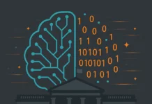 Illustration av en regeringsbyggnad i mörkgrått med ett turkost AI-hjärna ovanför, omgivet av binärkod i orange – symbol för politik och artificiell intelligens i samspel.