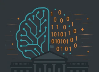 Illustration av en regeringsbyggnad i mörkgrått med ett turkost AI-hjärna ovanför, omgivet av binärkod i orange – symbol för politik och artificiell intelligens i samspel.