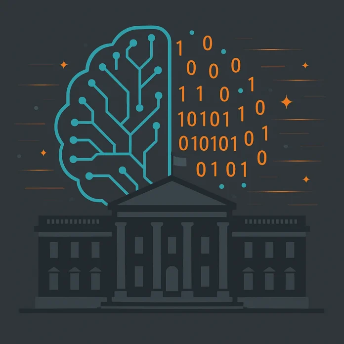 Illustration av en regeringsbyggnad i mörkgrått med ett turkost AI-hjärna ovanför, omgivet av binärkod i orange – symbol för politik och artificiell intelligens i samspel.