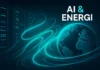 Illustration av AI-servrar och energiåtgång, med turkosa detaljer som symboliserar hållbar teknik.