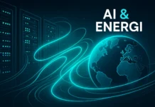 Illustration av AI-servrar och energiåtgång, med turkosa detaljer som symboliserar hållbar teknik.