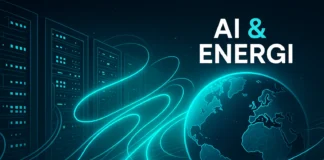 Illustration av AI-servrar och energiåtgång, med turkosa detaljer som symboliserar hållbar teknik.