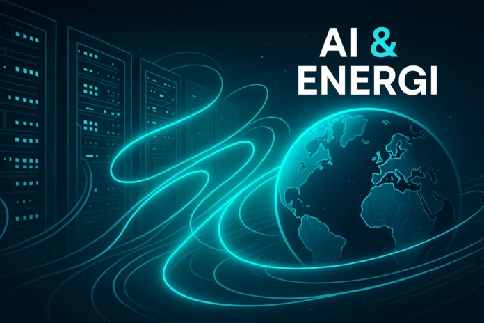 Illustration av AI-servrar och energiåtgång, med turkosa detaljer som symboliserar hållbar teknik.